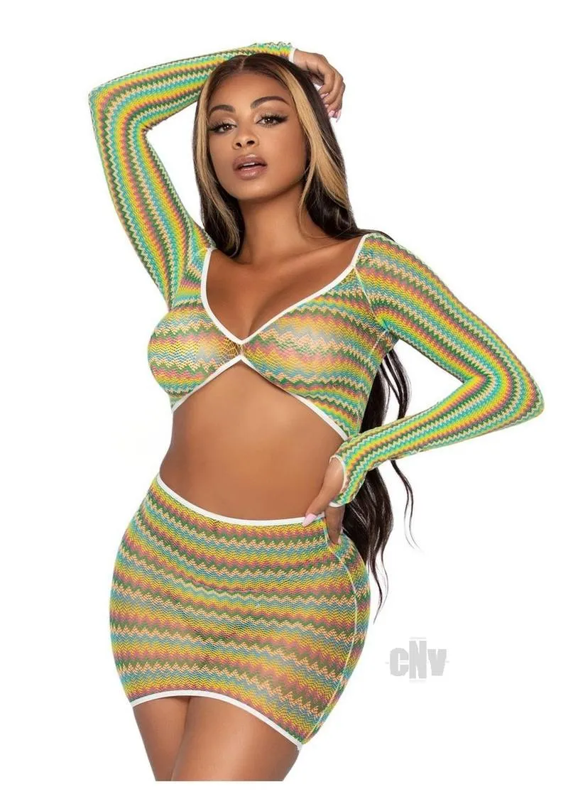 2 Pc Zig Zag Net Crop Top and Mini Dress - One  Size - Green