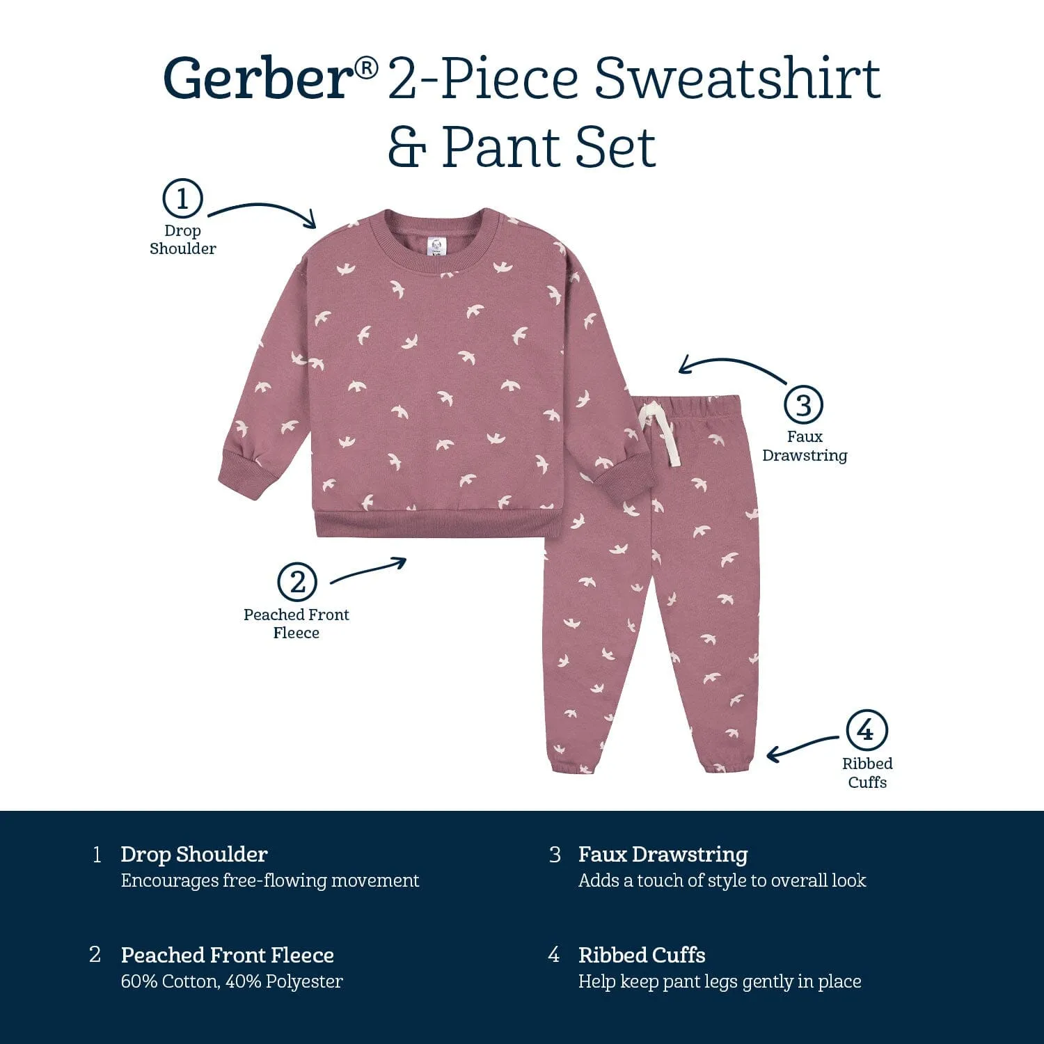 2-Piece Infant and Toddler Girls Birds Sweatshirt & Pant Set