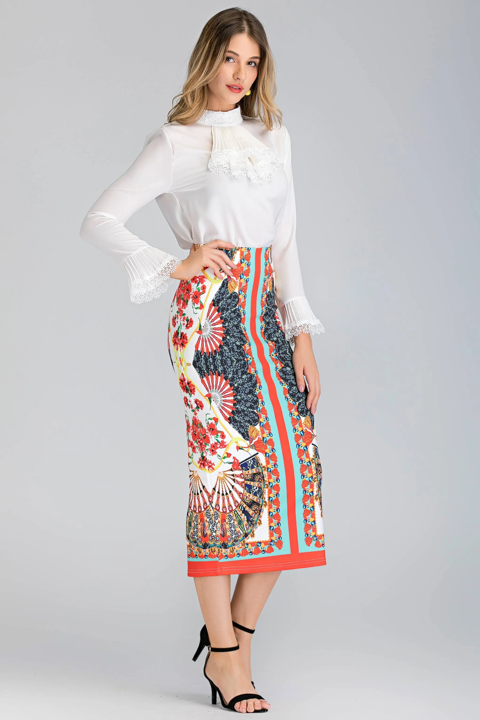 2 piece white Pleated Gabot Top and Printed Pencil Skirt Set