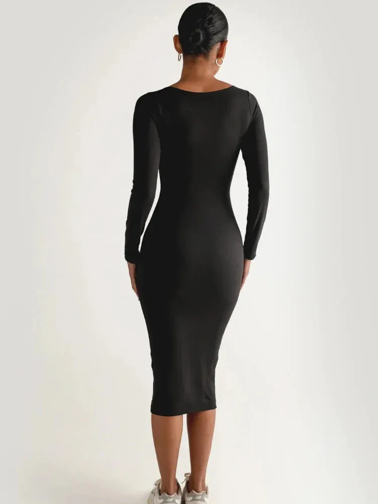 2024 Classics Solid Collar Long-sleeved Vintage Sexy Bodycon Dress