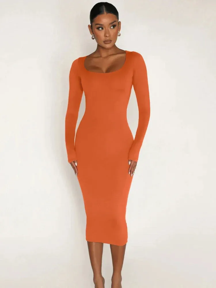 2024 Classics Solid Collar Long-sleeved Vintage Sexy Bodycon Dress