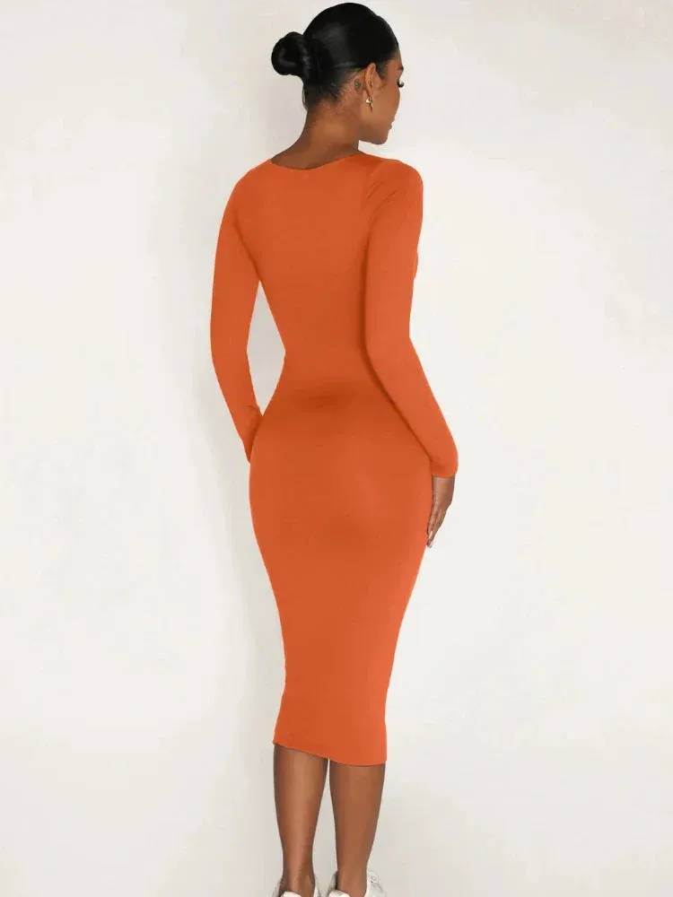 2024 Classics Solid Collar Long-sleeved Vintage Sexy Bodycon Dress