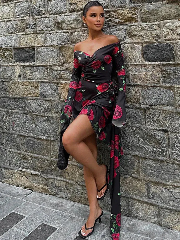 2024 Fashion Sexy Long Sleeve Slim Party Clubwear Floral Dress