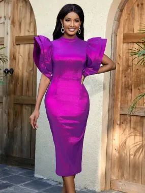 2024Purple Flare Sleeve High Waist Midi Dress