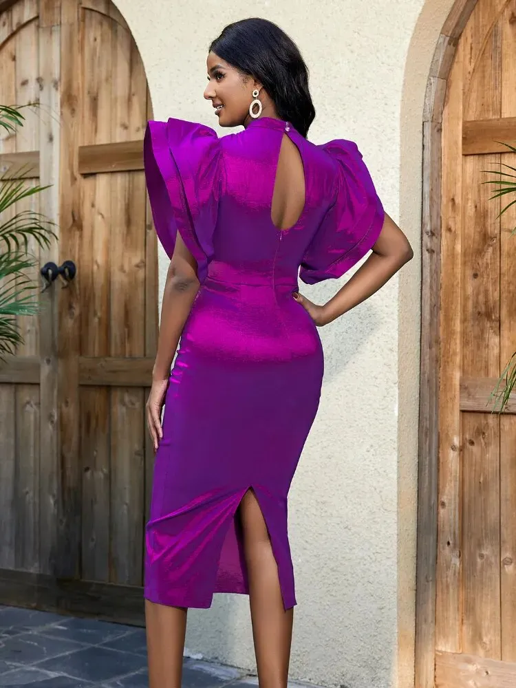 2024Purple Flare Sleeve High Waist Midi Dress