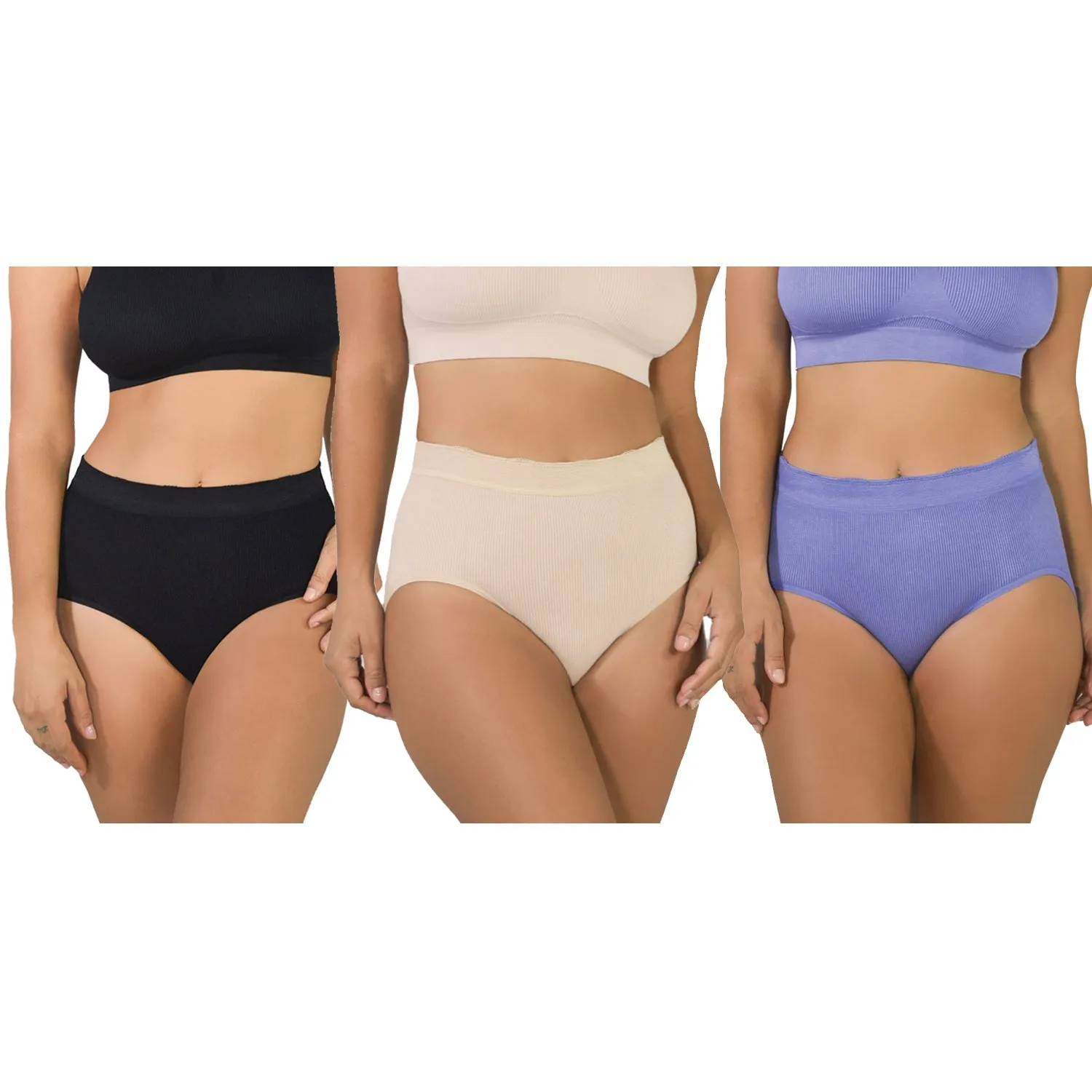 3 Pack Ribbed Seamless Brief with Lace Trim