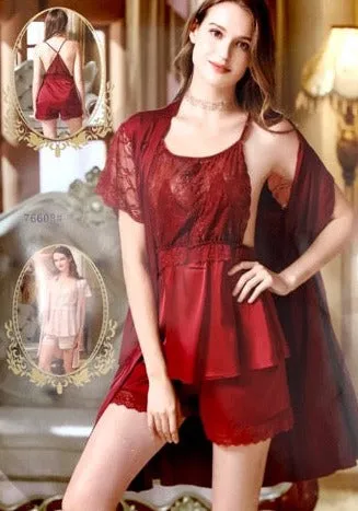 3 Pcs Sexy Short Nighty & Gown - 76608