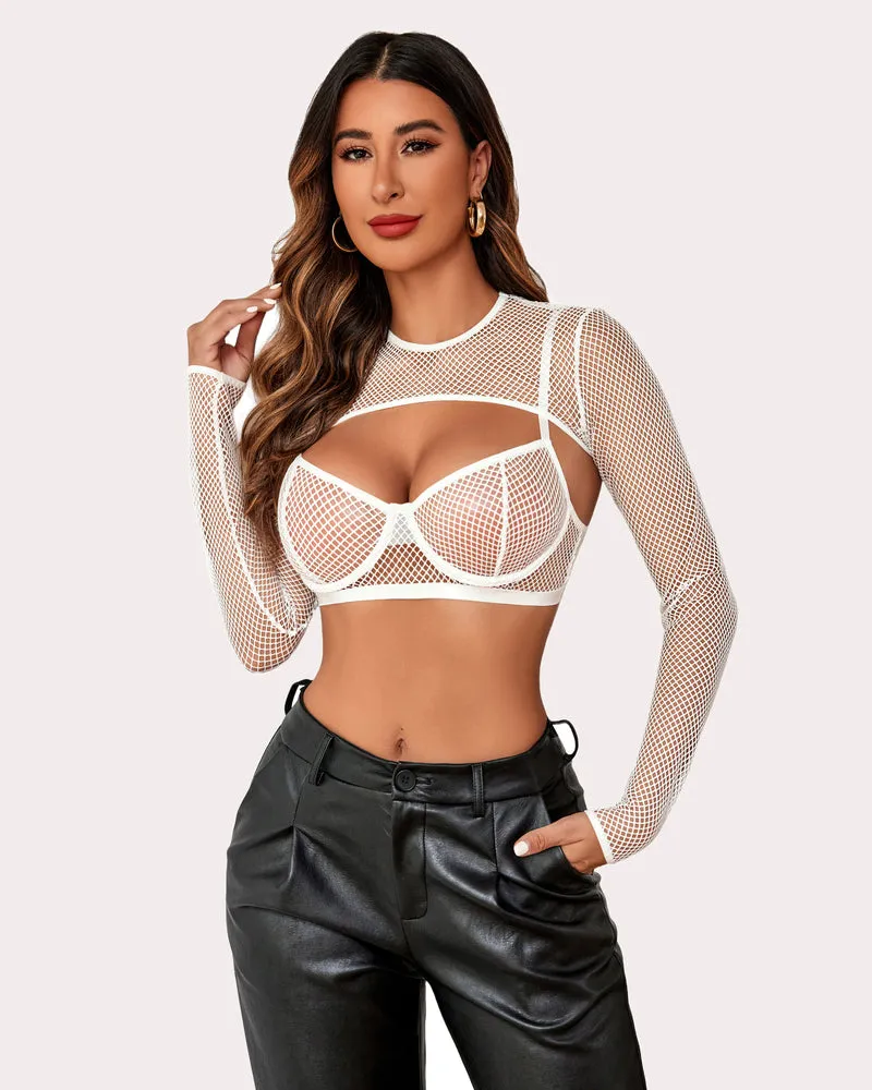 3 Pieces Sets Fishnet Long Sleeve Crop Top Sheer Bra and Panty