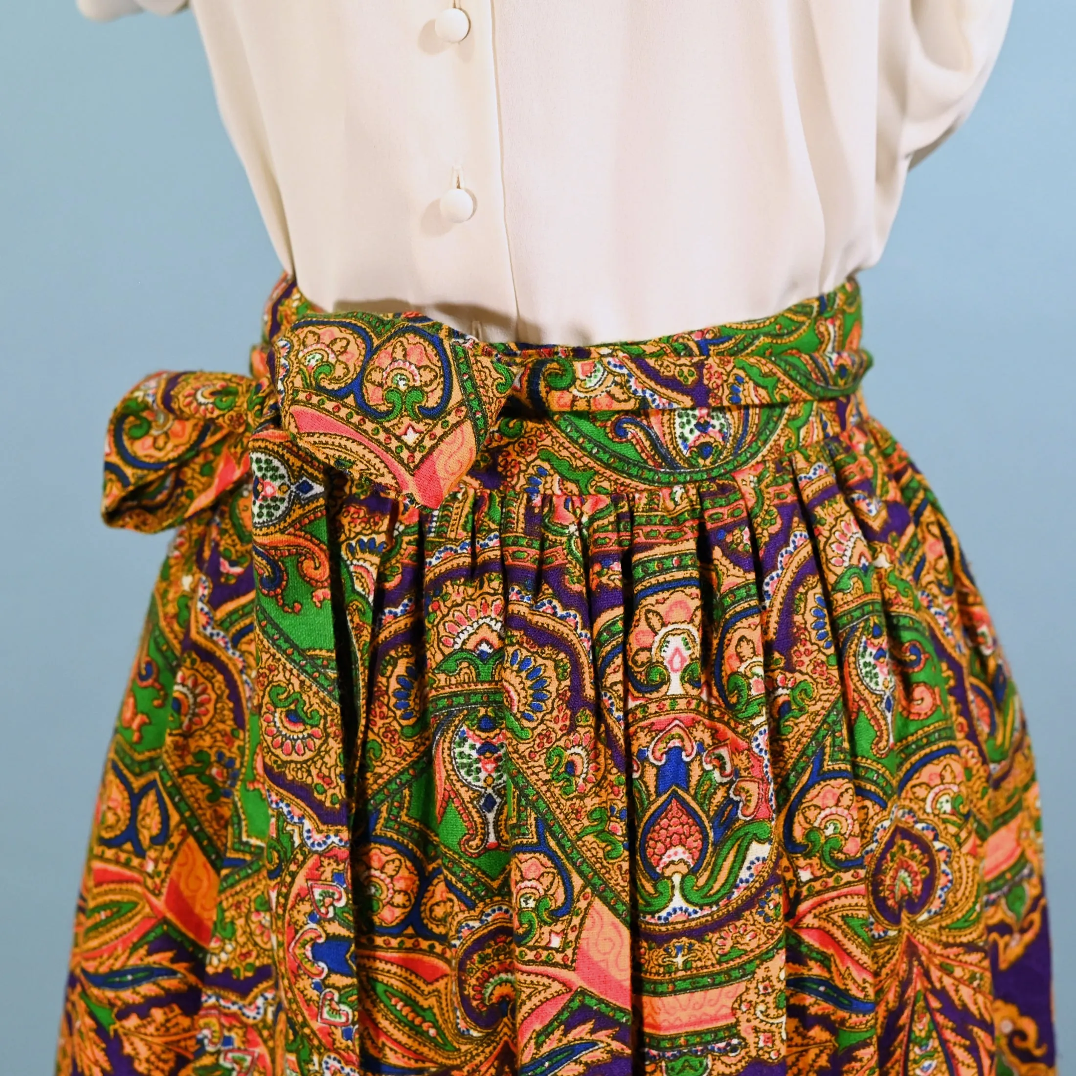 70s Gypsy Ruffle Skirt, Bohemian Paisley Print by Ellen Tracy 5/S