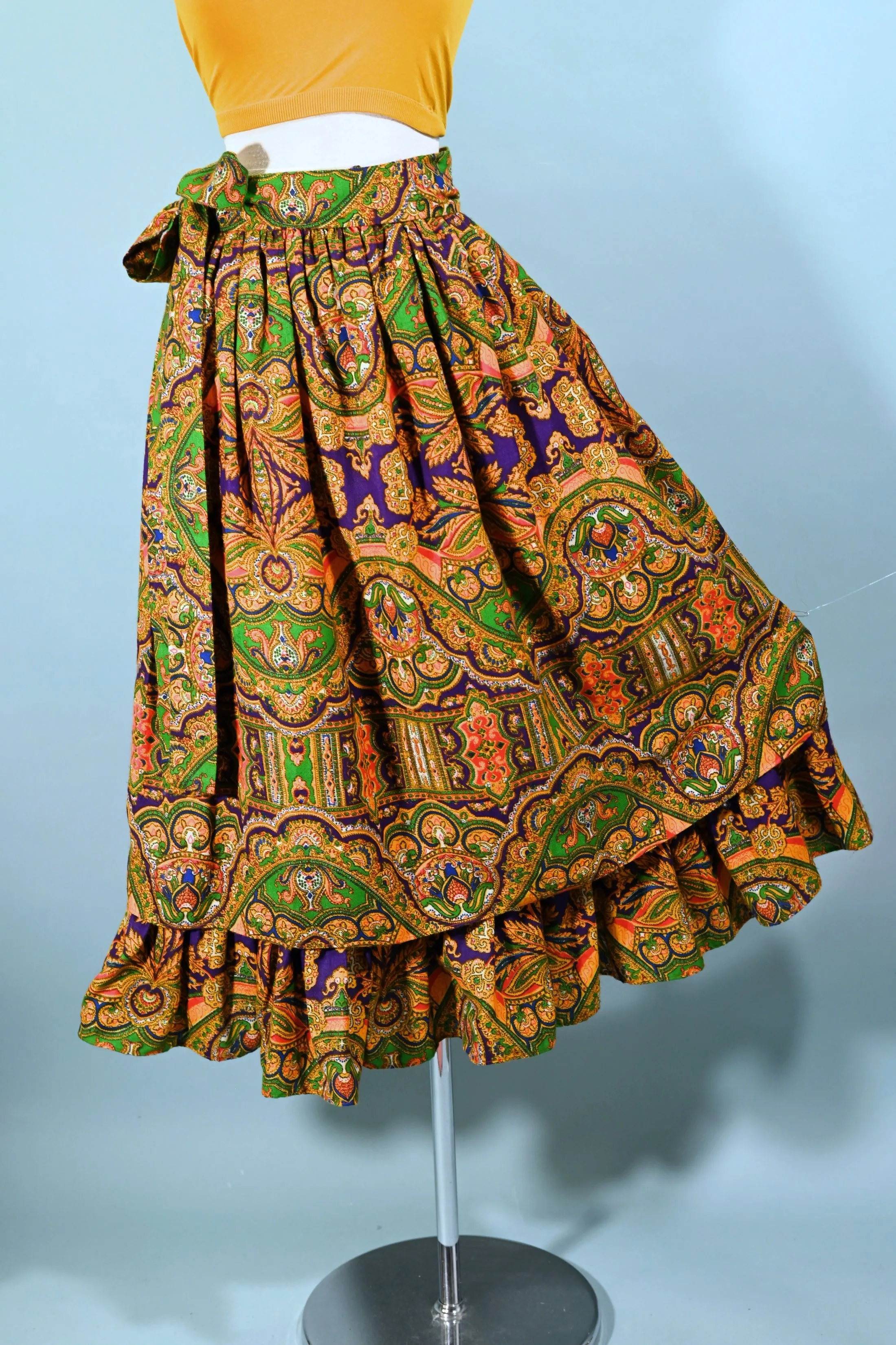 70s Gypsy Ruffle Skirt, Bohemian Paisley Print by Ellen Tracy 5/S