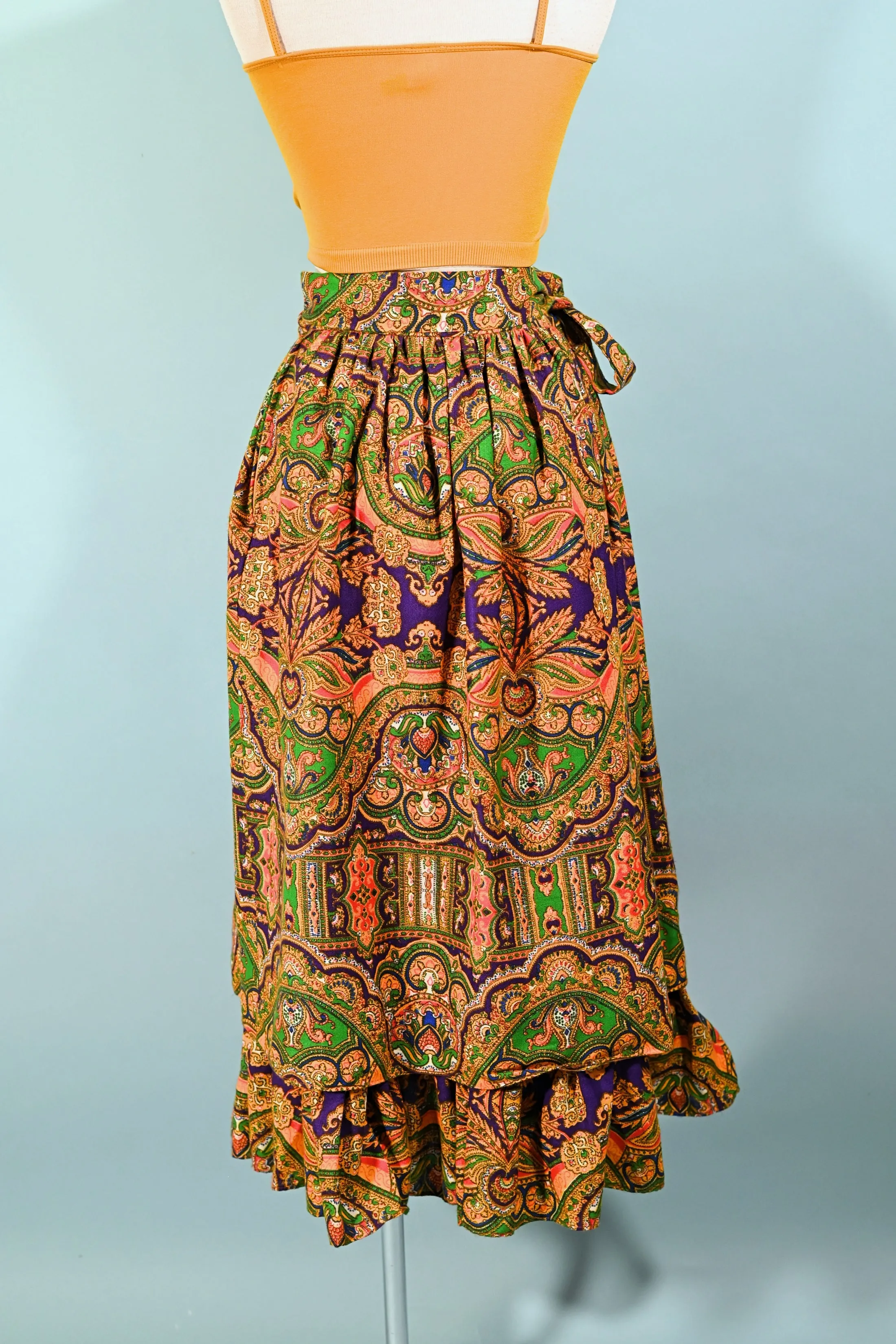 70s Gypsy Ruffle Skirt, Bohemian Paisley Print by Ellen Tracy 5/S