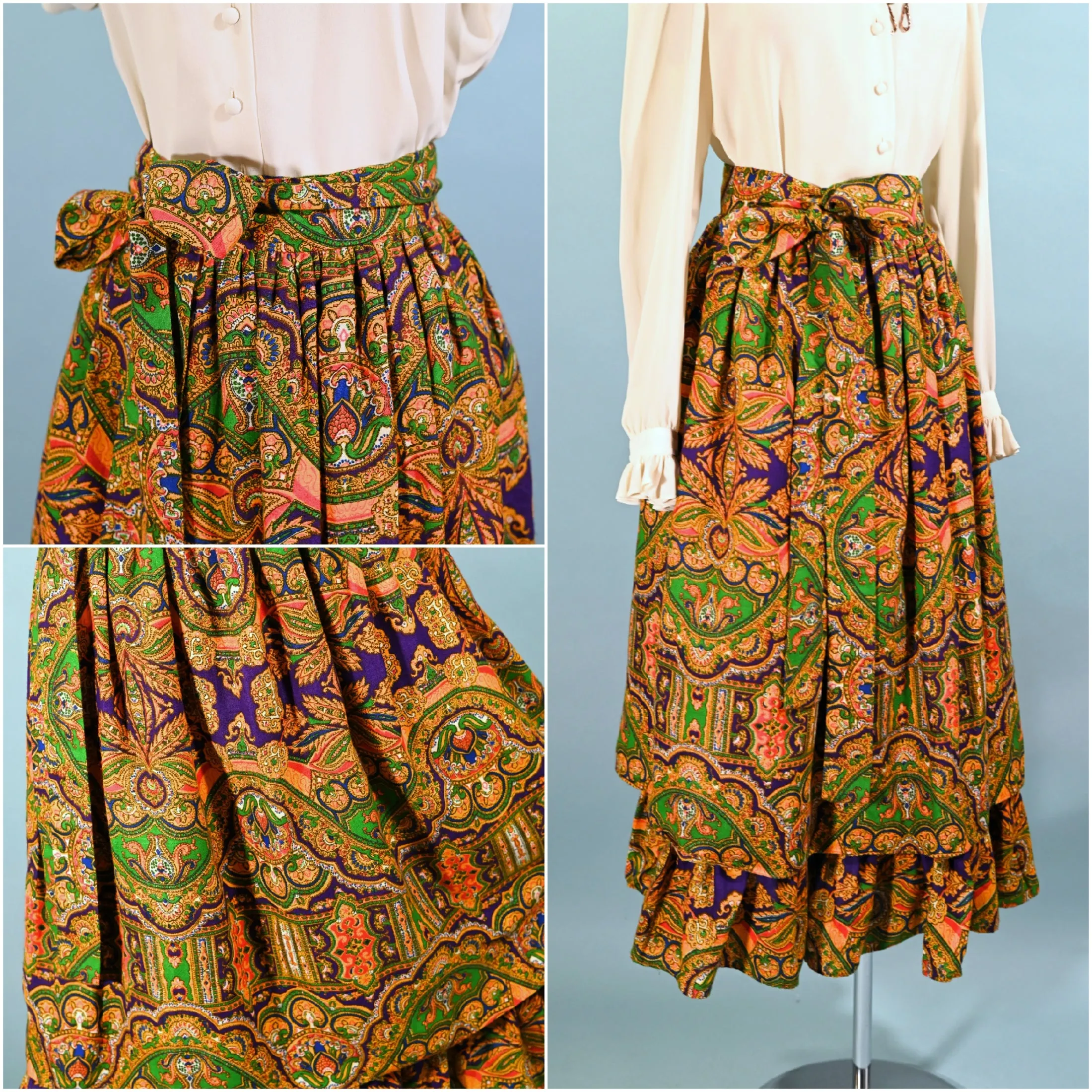 70s Gypsy Ruffle Skirt, Bohemian Paisley Print by Ellen Tracy 5/S