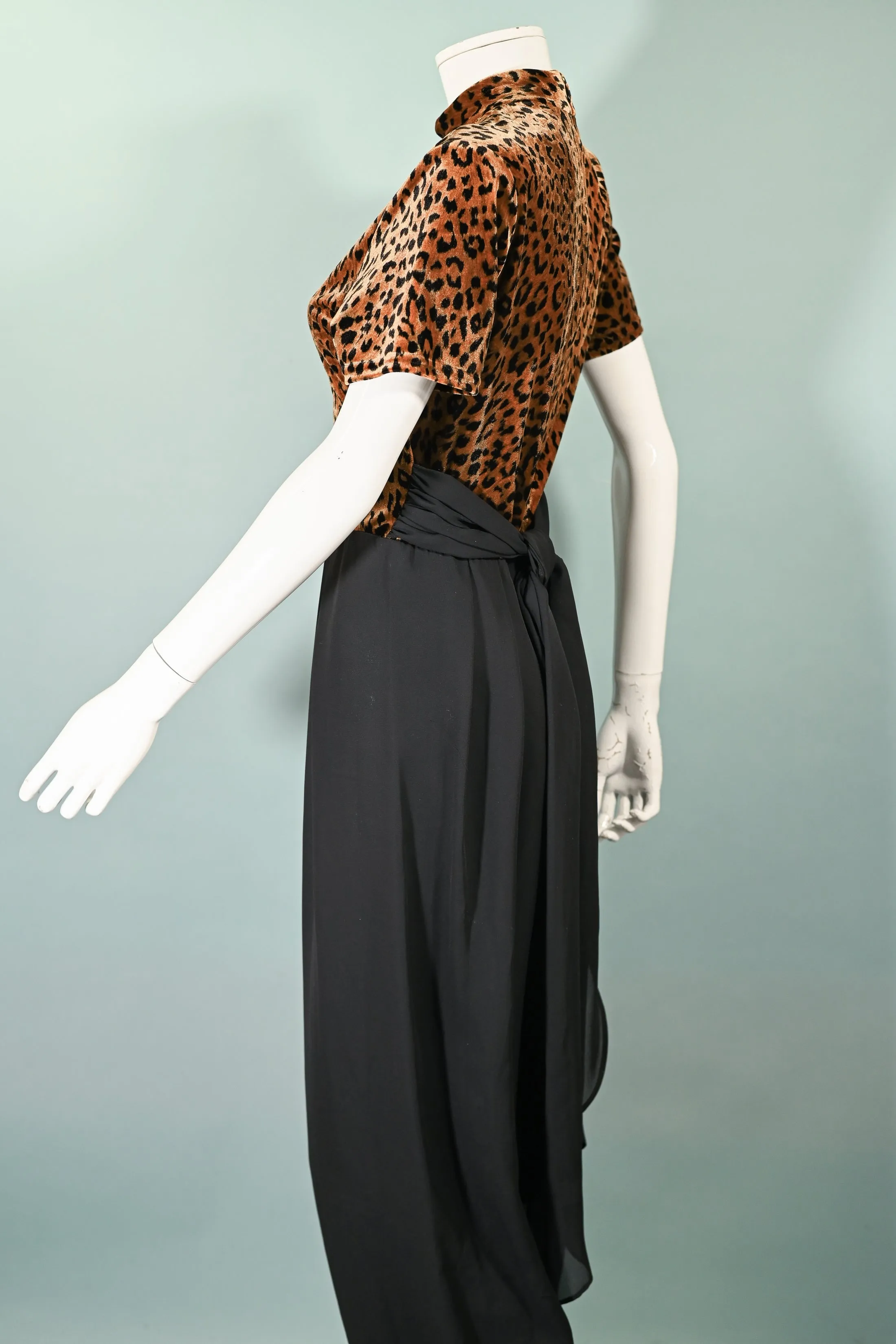 90s CDC Black/Leopard Jumpsuit, Velour Chiffon Jumpsuit   Sash Belt M