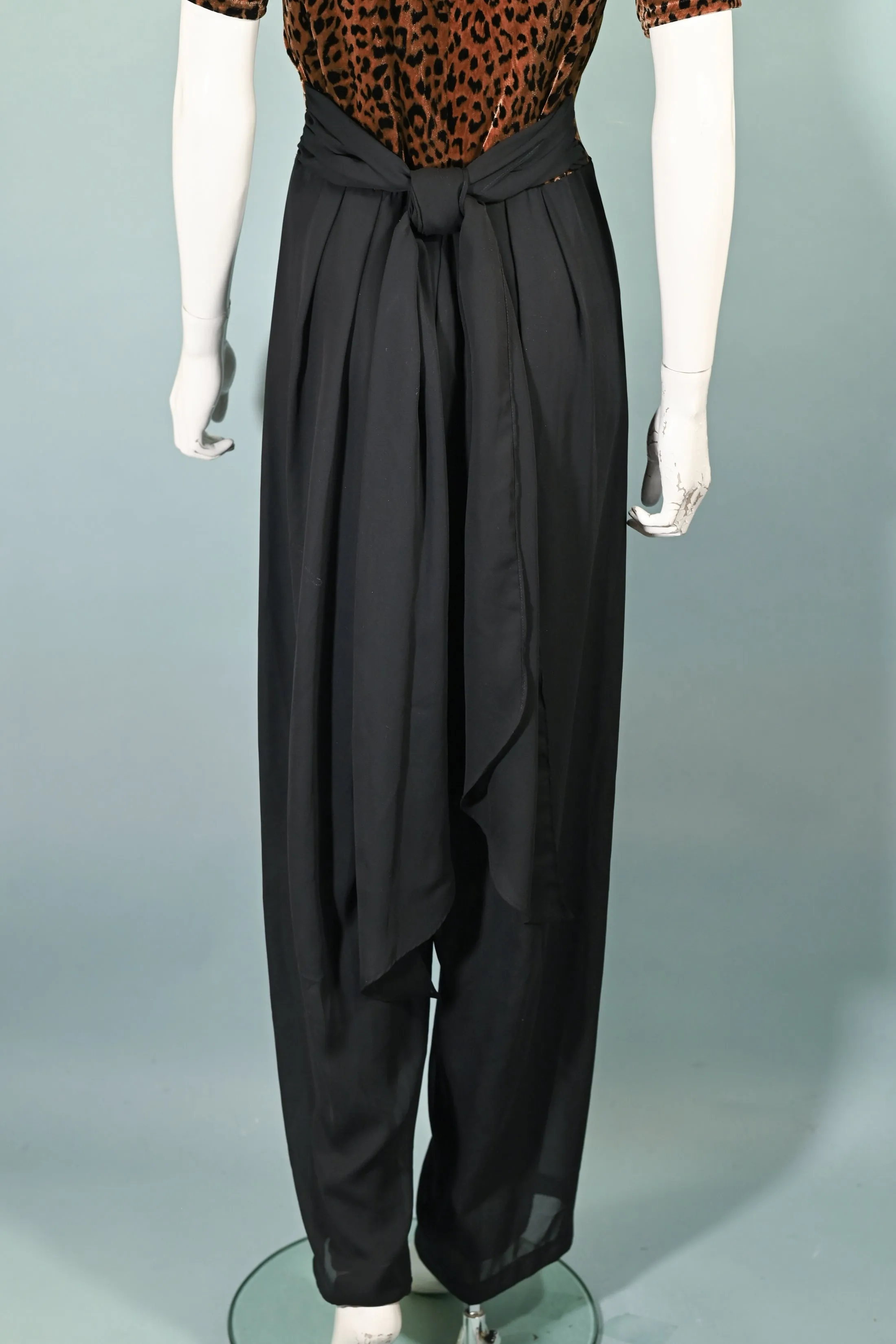 90s CDC Black/Leopard Jumpsuit, Velour Chiffon Jumpsuit   Sash Belt M