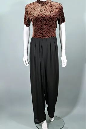 90s CDC Black/Leopard Jumpsuit, Velour Chiffon Jumpsuit   Sash Belt M