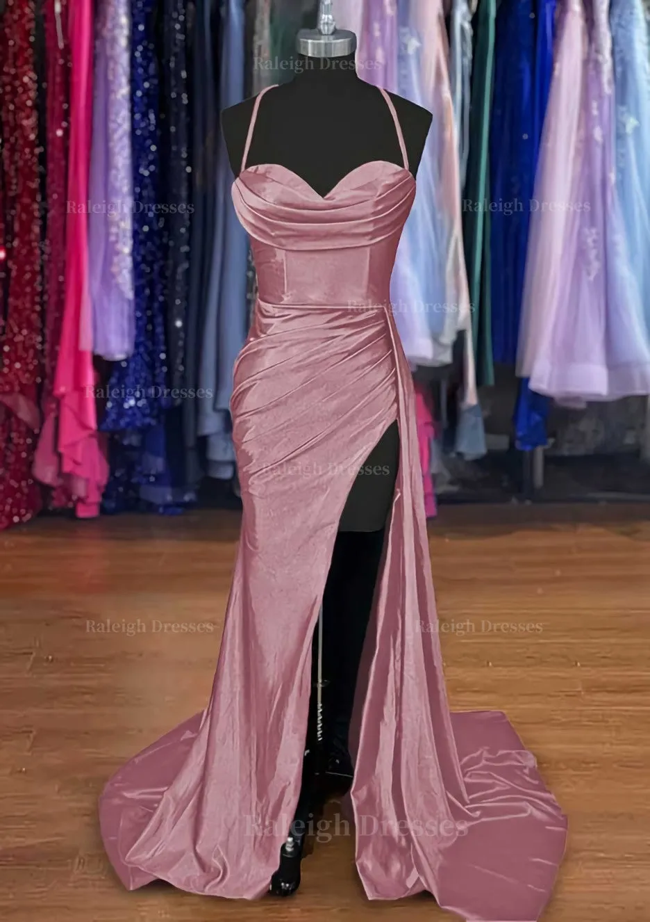 A-line Sweetheart Spaghetti Straps Sweep Train Silk like Satin Ruched Prom Dress