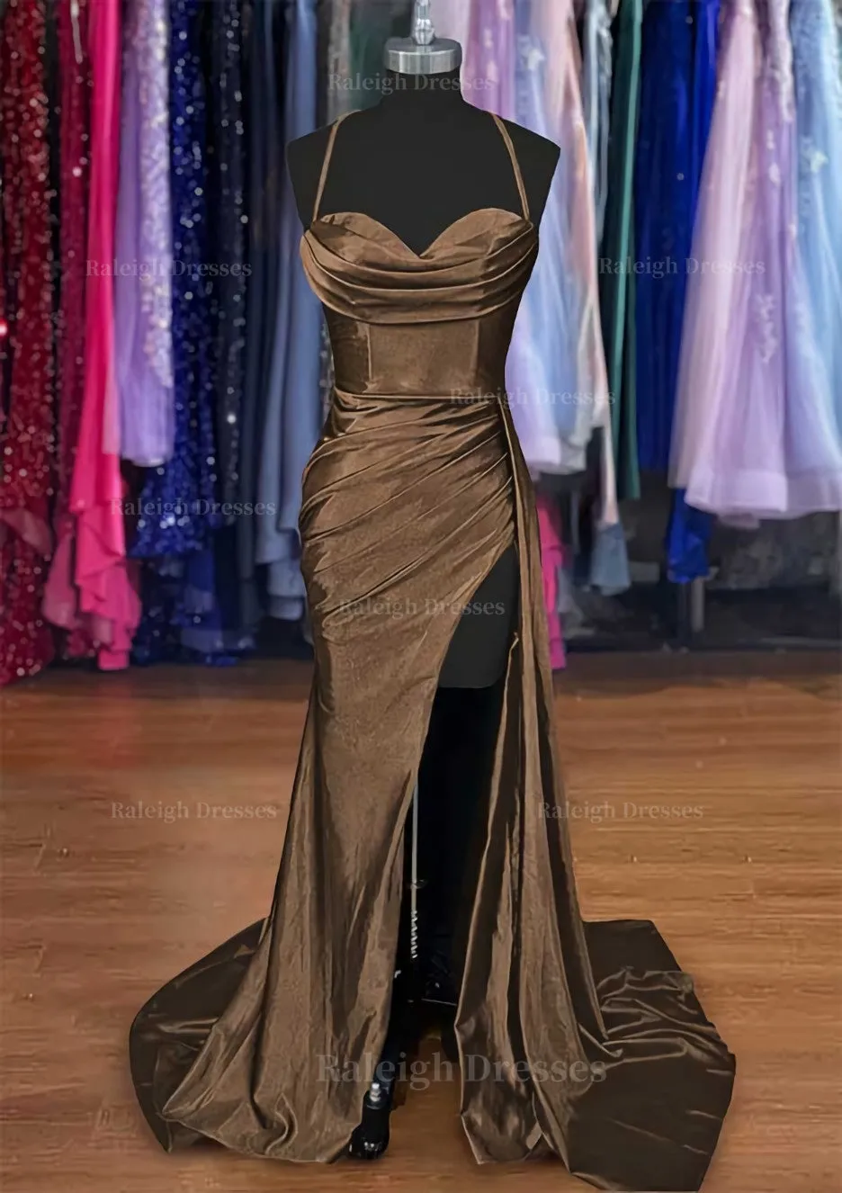 A-line Sweetheart Spaghetti Straps Sweep Train Silk like Satin Ruched Prom Dress