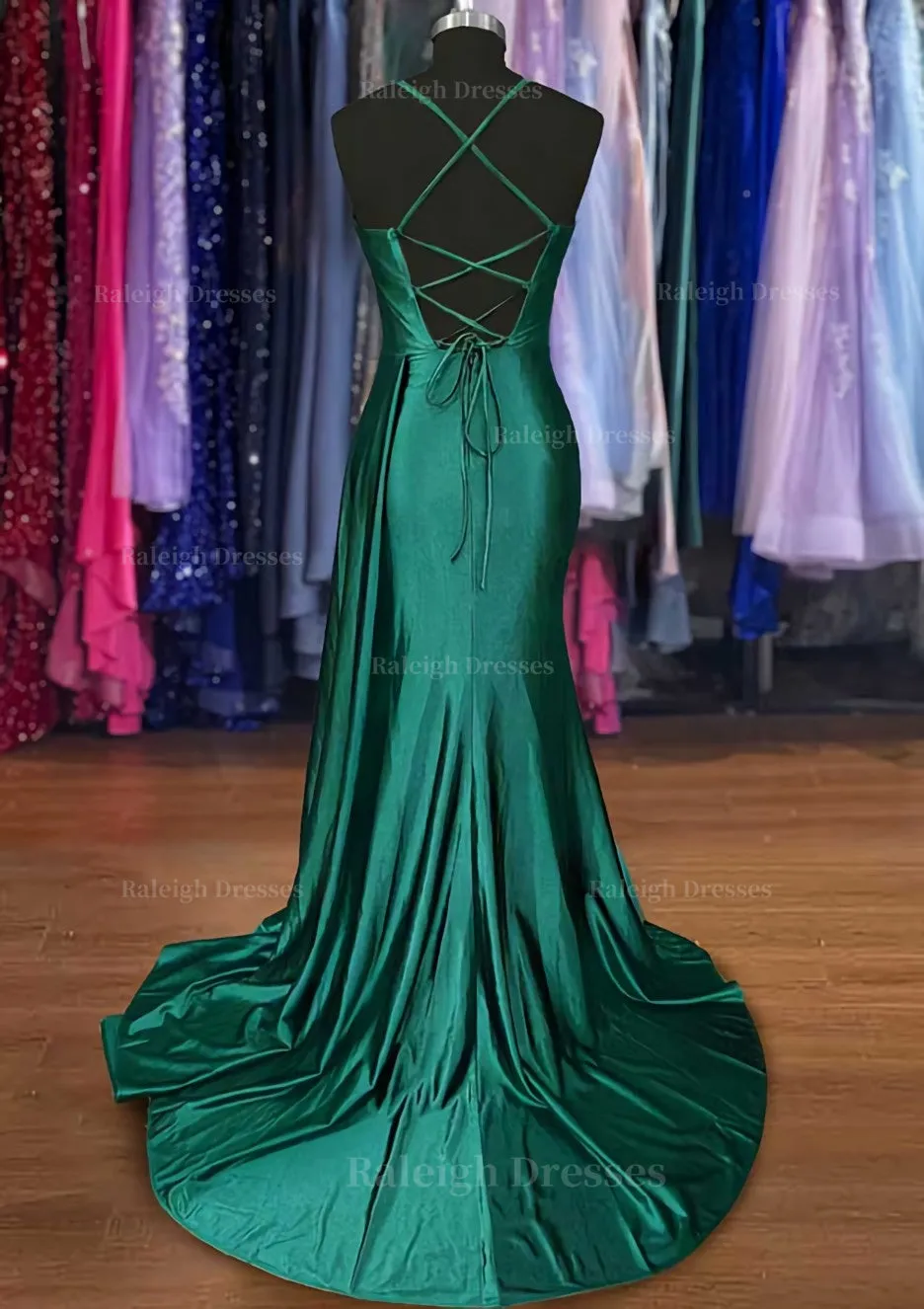 A-line Sweetheart Spaghetti Straps Sweep Train Silk like Satin Ruched Prom Dress