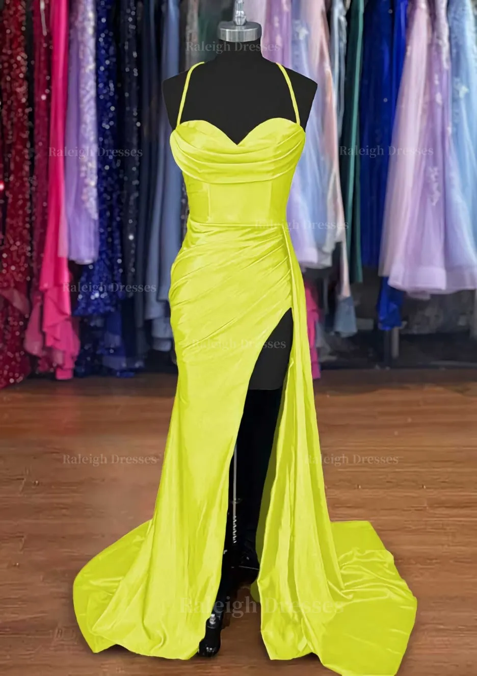 A-line Sweetheart Spaghetti Straps Sweep Train Silk like Satin Ruched Prom Dress