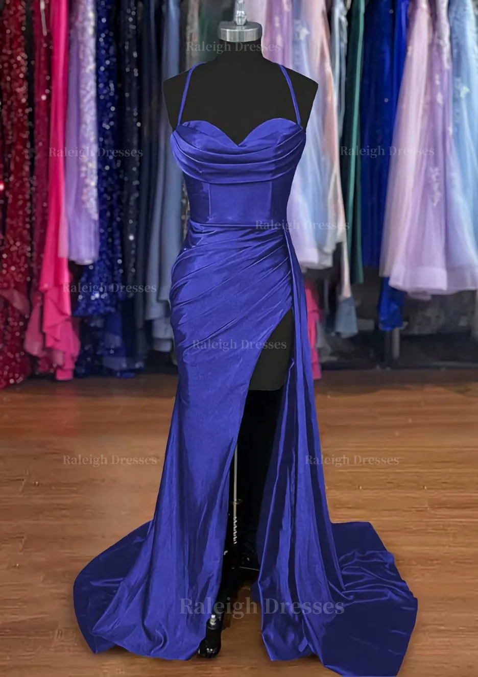 A-line Sweetheart Spaghetti Straps Sweep Train Silk like Satin Ruched Prom Dress