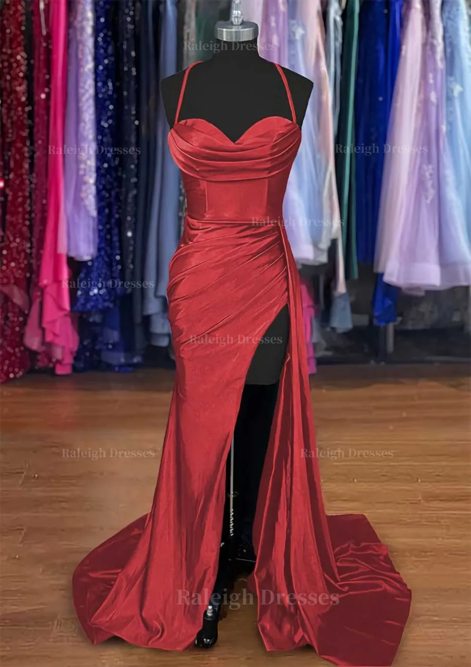 A-line Sweetheart Spaghetti Straps Sweep Train Silk like Satin Ruched Prom Dress