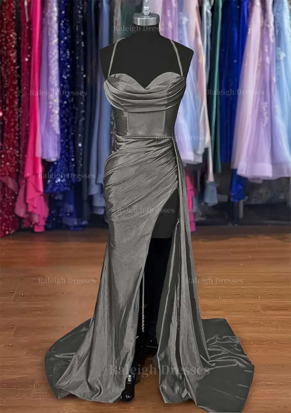 A-line Sweetheart Spaghetti Straps Sweep Train Silk like Satin Ruched Prom Dress