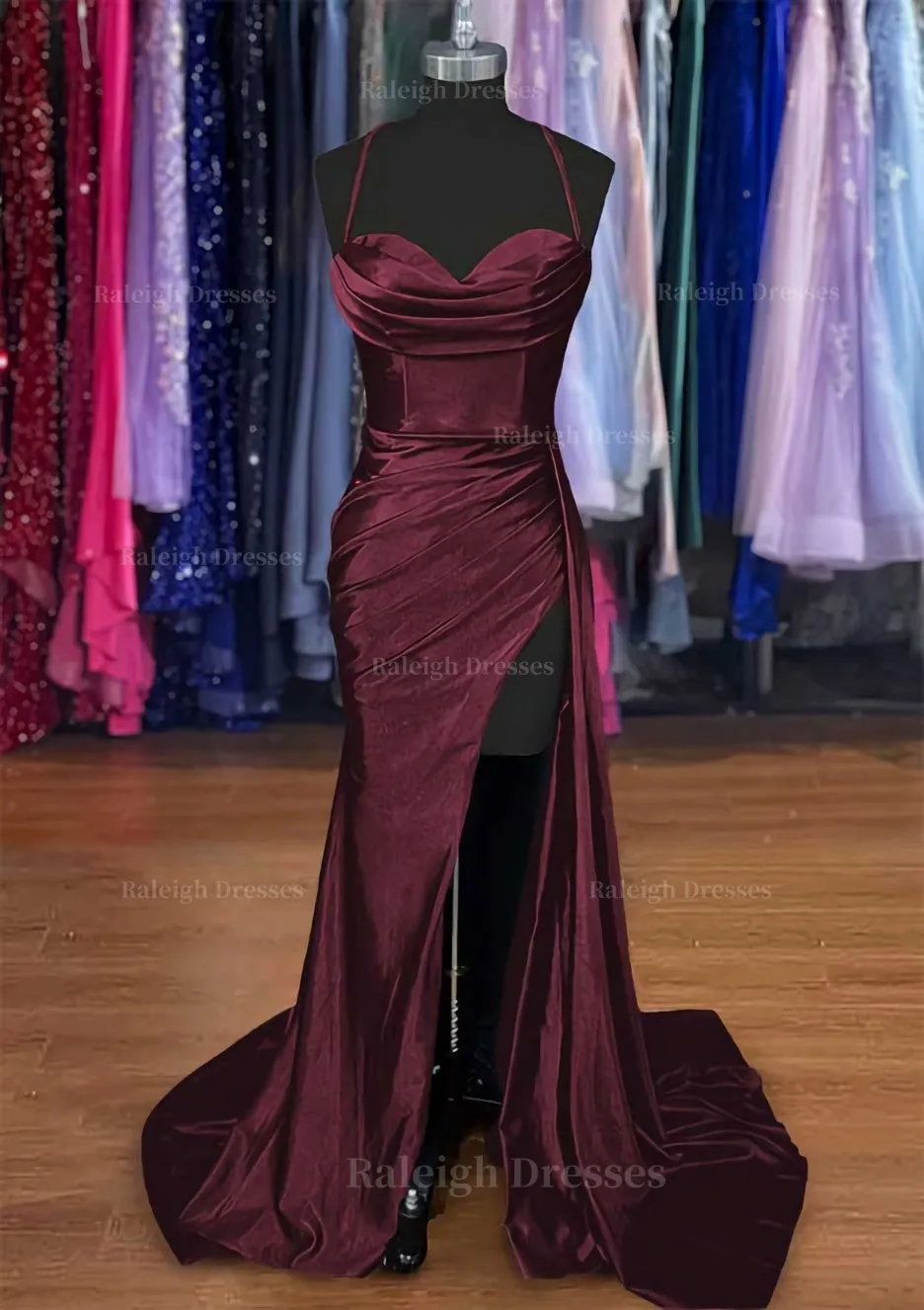 A-line Sweetheart Spaghetti Straps Sweep Train Silk like Satin Ruched Prom Dress