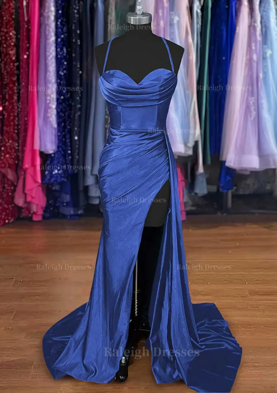 A-line Sweetheart Spaghetti Straps Sweep Train Silk like Satin Ruched Prom Dress