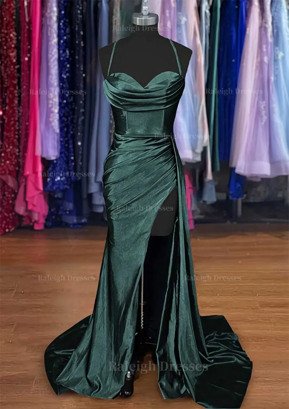 A-line Sweetheart Spaghetti Straps Sweep Train Silk like Satin Ruched Prom Dress