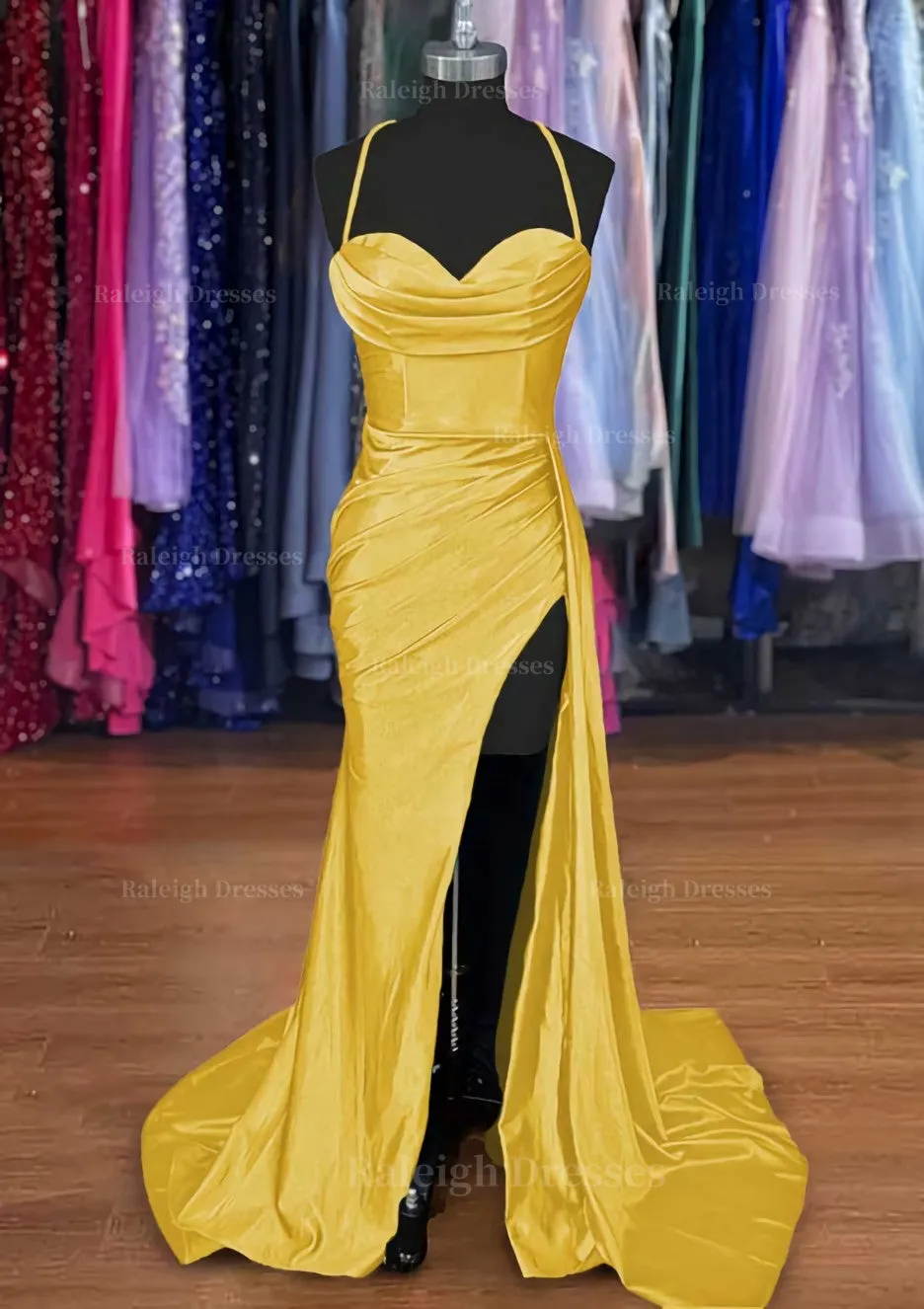 A-line Sweetheart Spaghetti Straps Sweep Train Silk like Satin Ruched Prom Dress