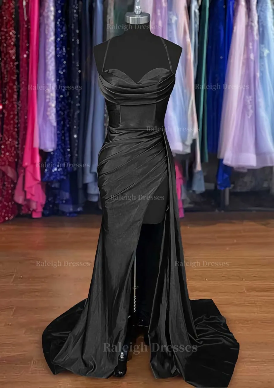 A-line Sweetheart Spaghetti Straps Sweep Train Silk like Satin Ruched Prom Dress