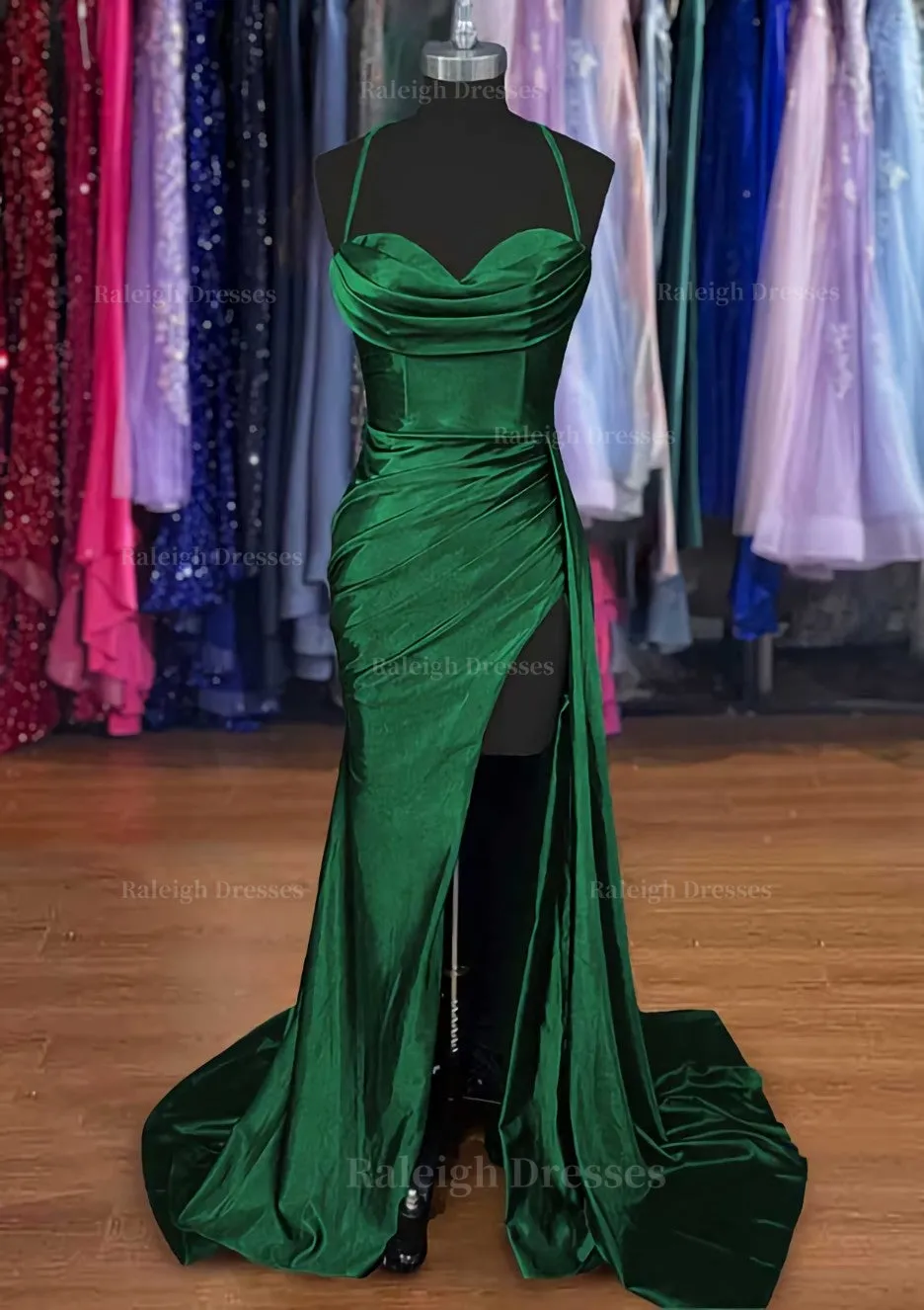 A-line Sweetheart Spaghetti Straps Sweep Train Silk like Satin Ruched Prom Dress