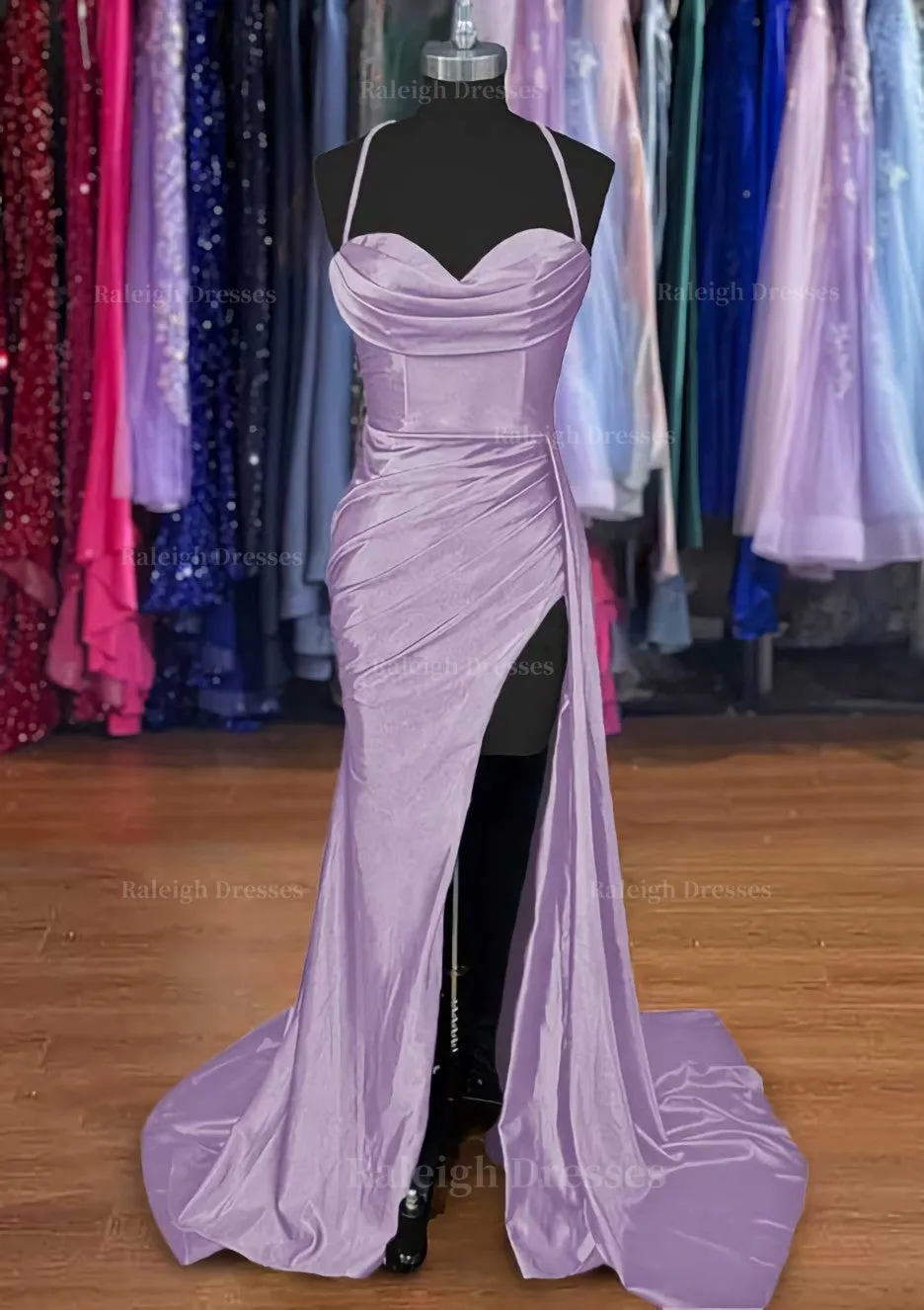 A-line Sweetheart Spaghetti Straps Sweep Train Silk like Satin Ruched Prom Dress