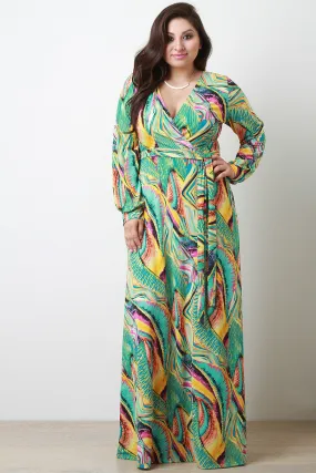 Abstract Wrap Style Long Sleeve Maxi Dress