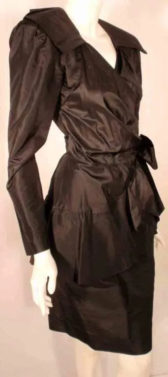 ADOLFO 1980s Black Silk Wrap Dress