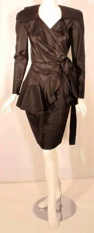 ADOLFO 1980s Black Silk Wrap Dress