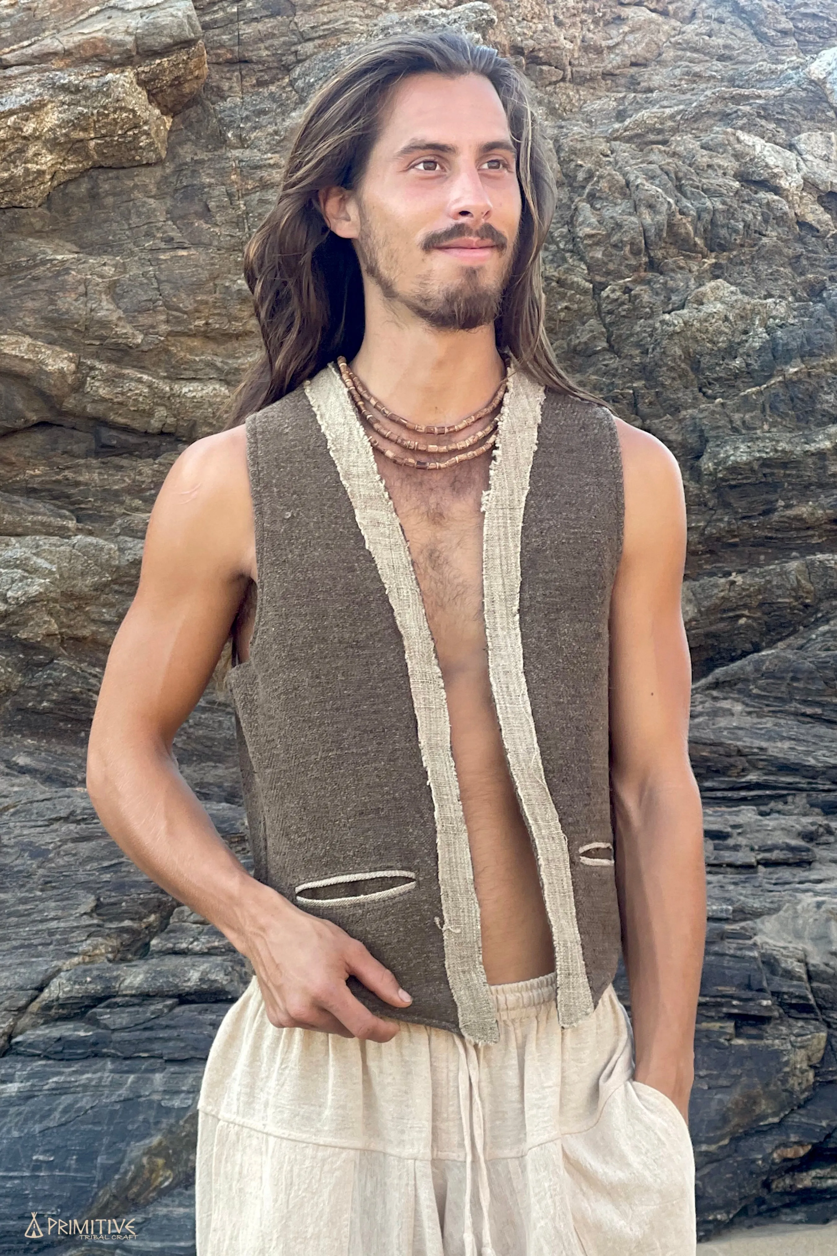 Aguila Outfit ⋙⋘ Aguila Vest ⋙ Handwoven Hemp Wool   3/4 Harem Pants ⋙ Natural Cotton