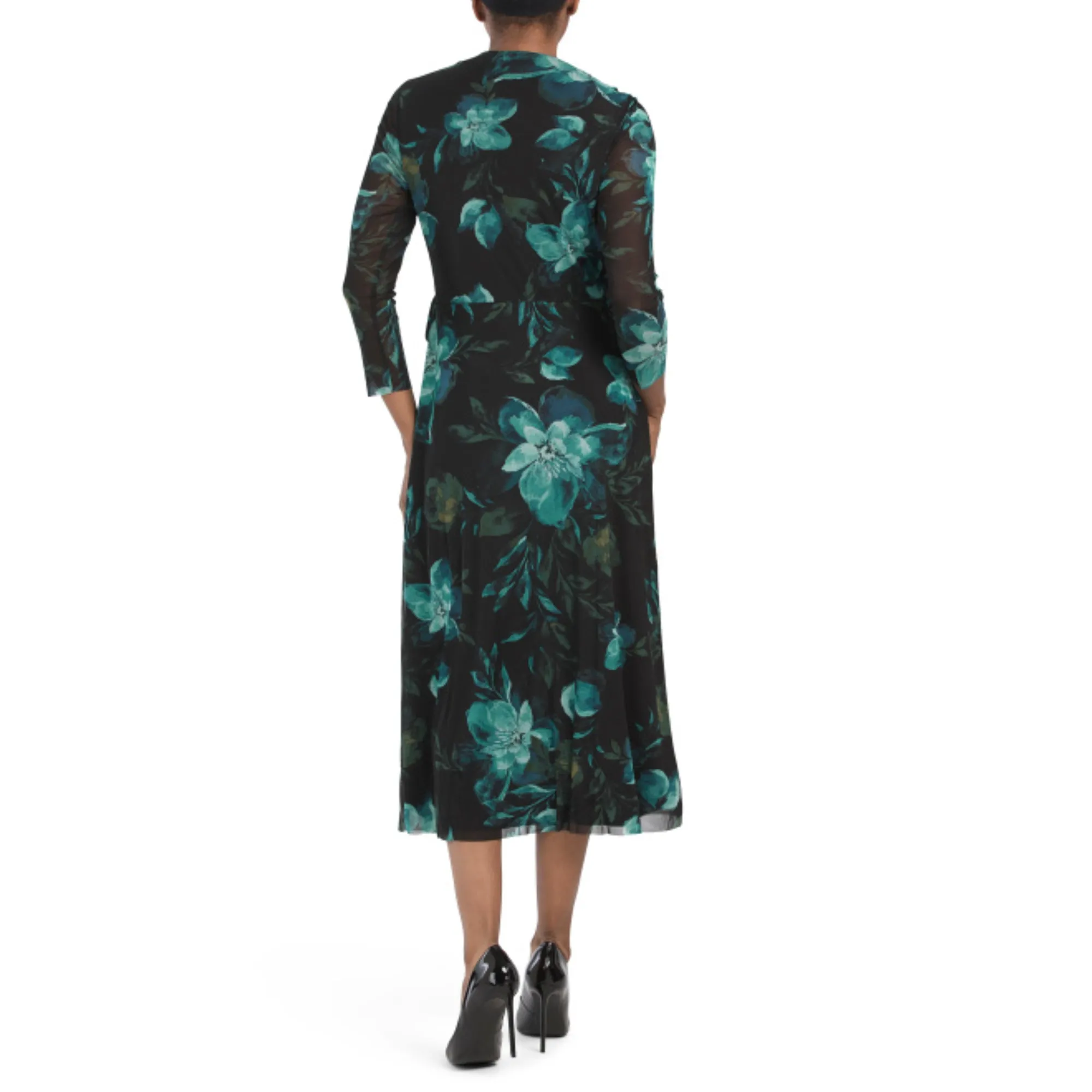 Anne Klein Women's Long Sleeve Floral Print Tie Waist Wrap Midi Dress