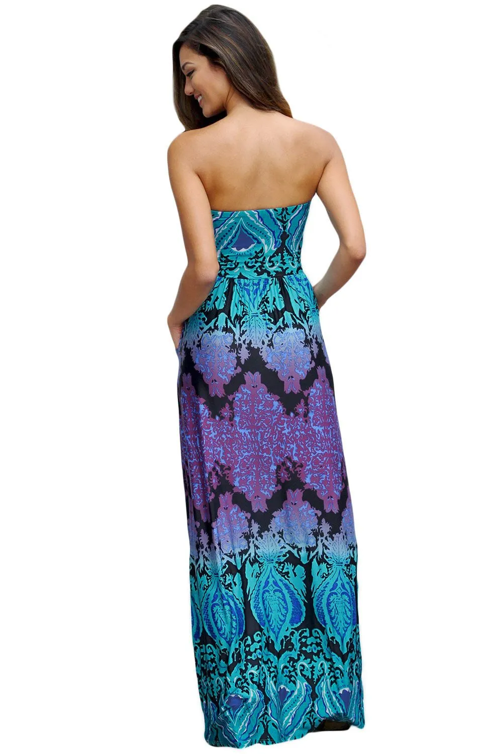 Aqua Purple Strapless Maxi Dress with Pockets