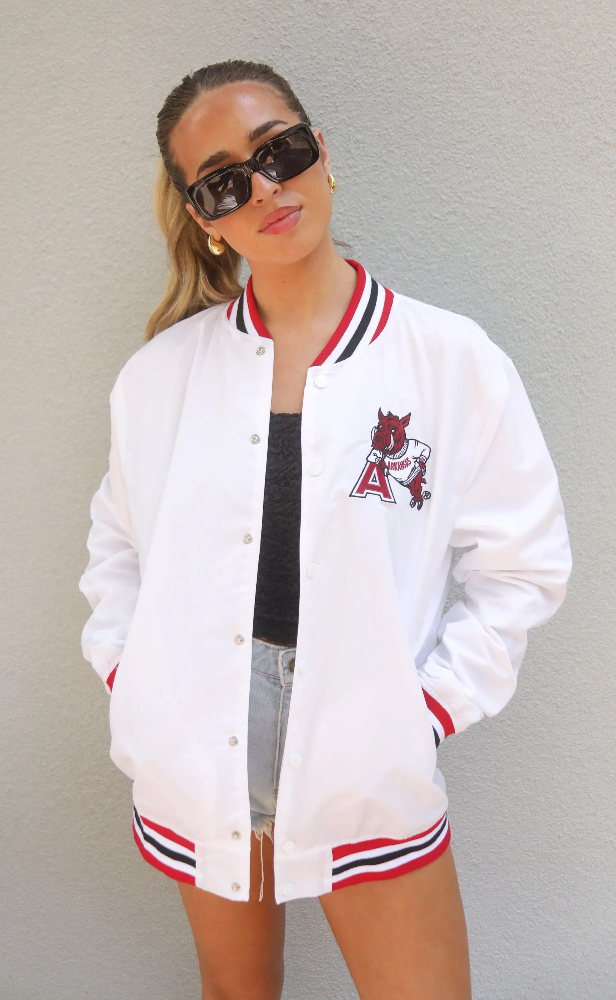 arkansas leaning hog varsity jacket - white