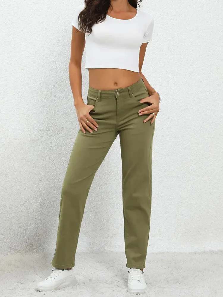 Army Green Mid Waisted Denim Women Fashion 2024 Spring Summer Casual Straight Leg Jeans