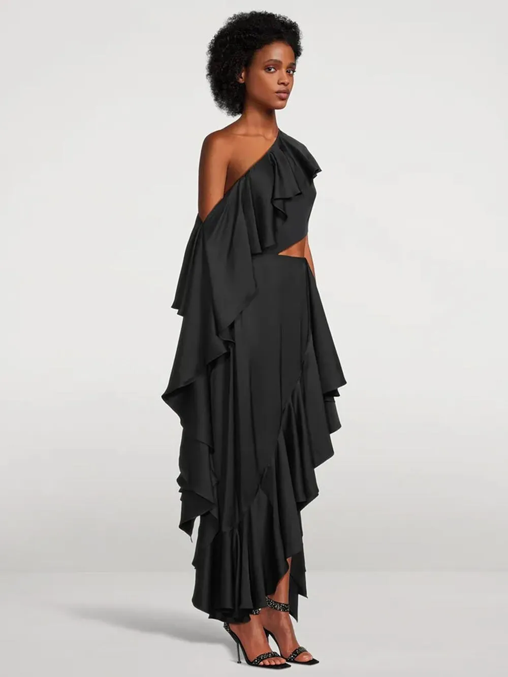 Asymmetric Ruffled One Shoulder Cutout Dress