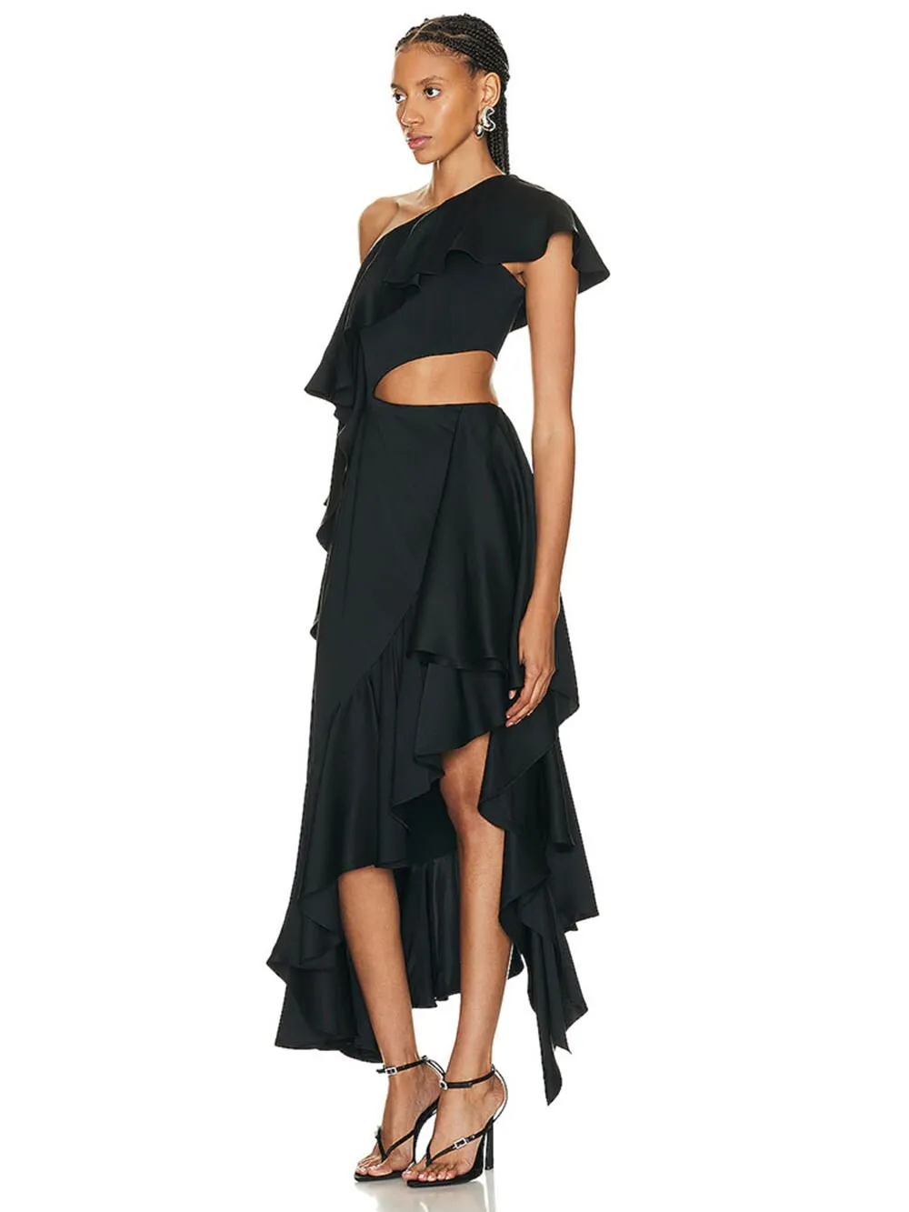 Asymmetric Ruffled One Shoulder Cutout Dress