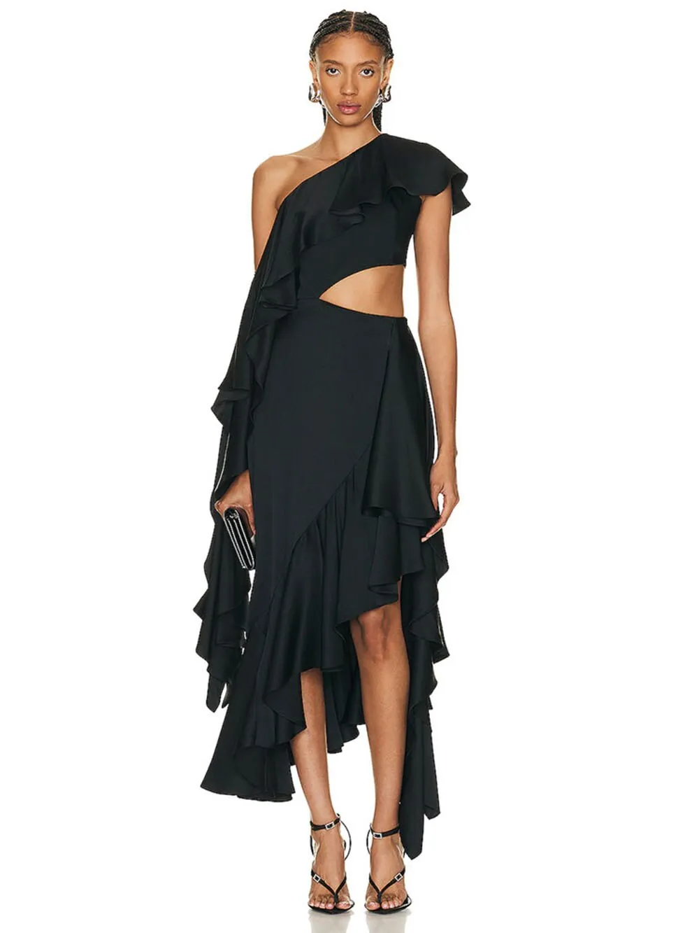 Asymmetric Ruffled One Shoulder Cutout Dress