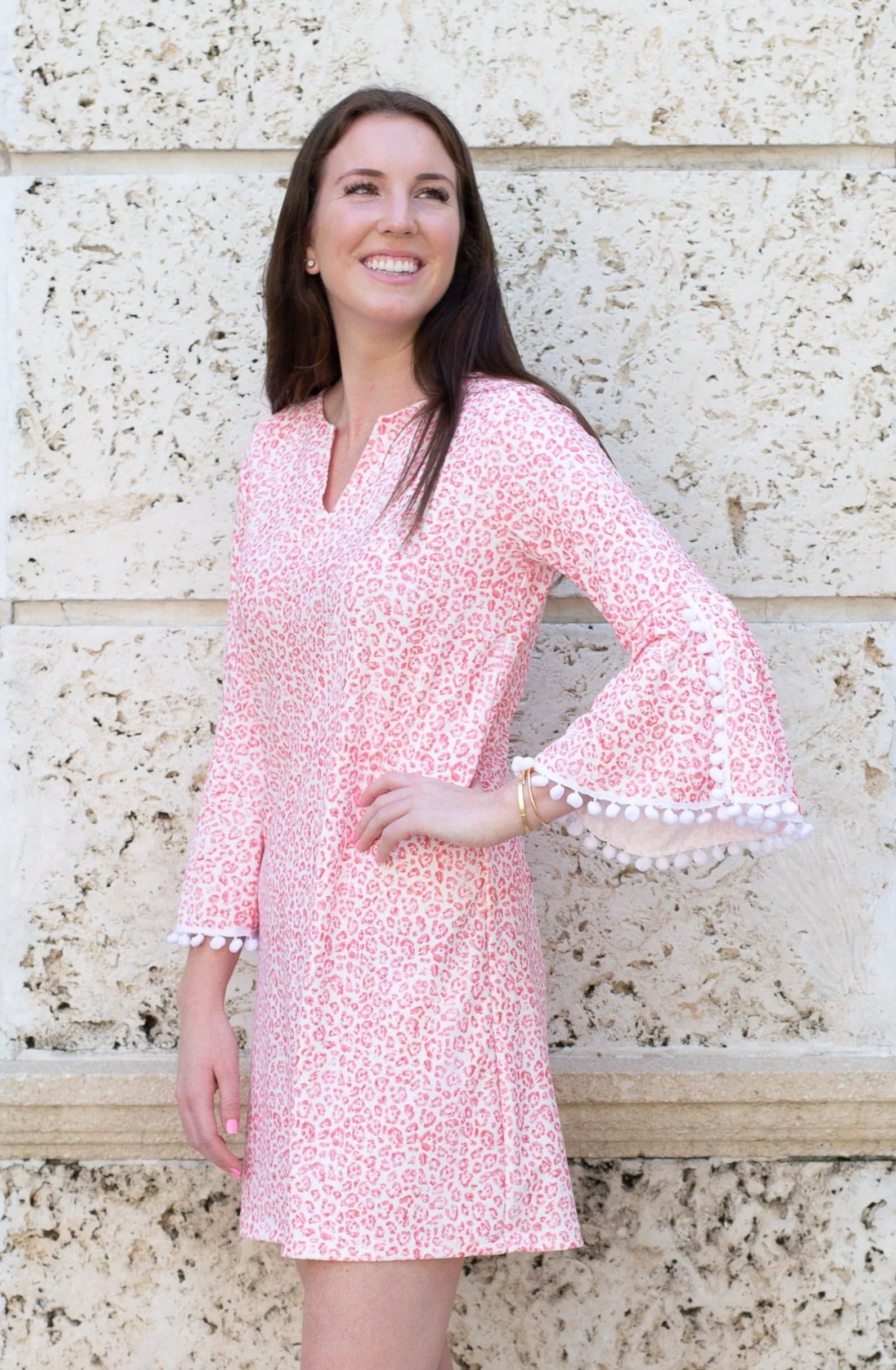 Barbara Dress in Orange Cheetah w/ White Pom Poms