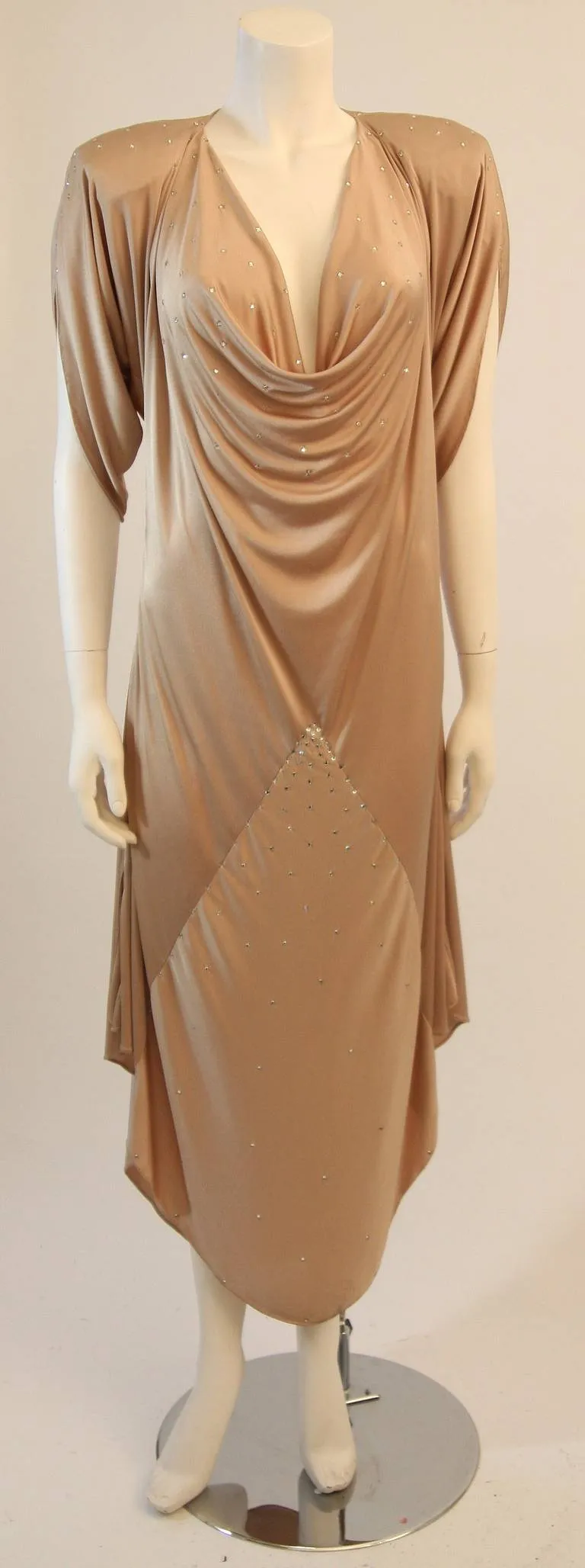 BIRGITTA Champagne Jersey Dress with Rhinestones and Belt