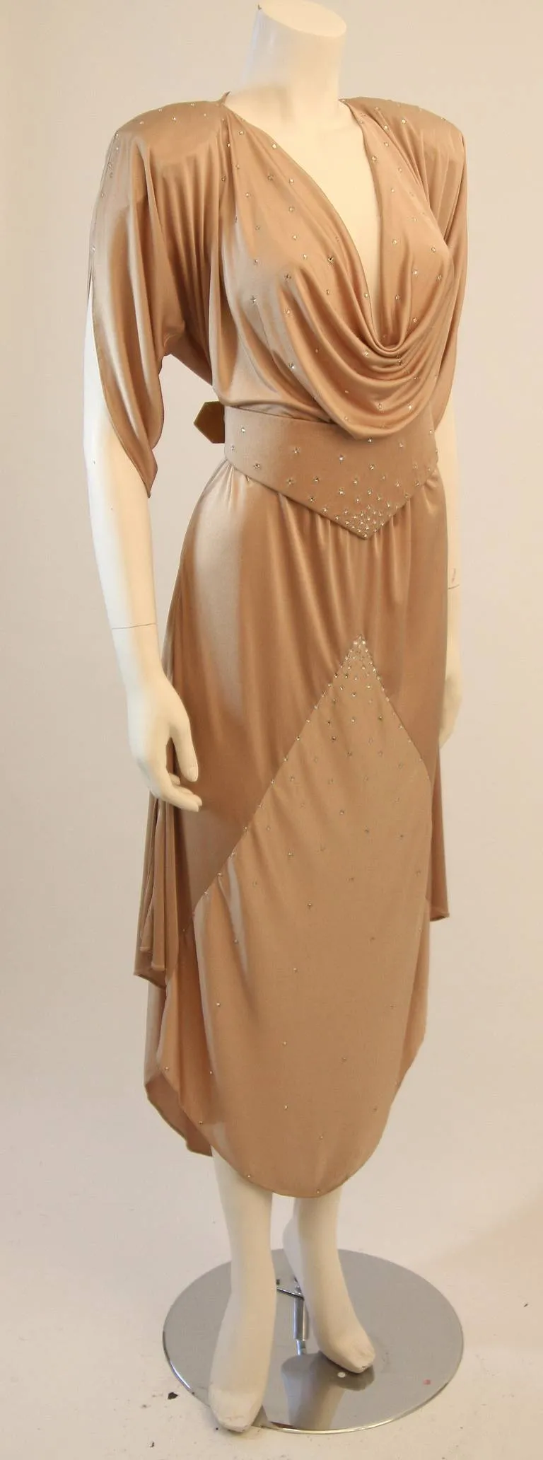 BIRGITTA Champagne Jersey Dress with Rhinestones and Belt