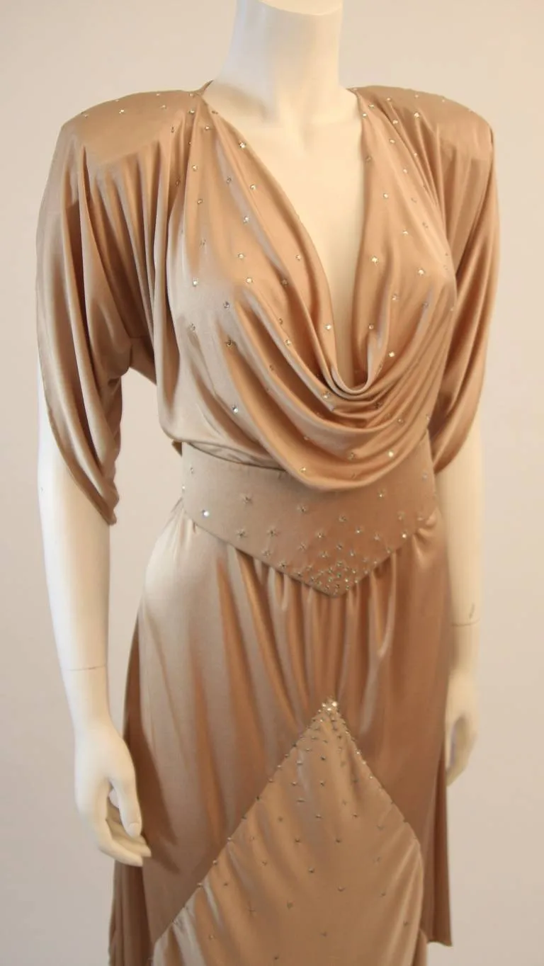 BIRGITTA Champagne Jersey Dress with Rhinestones and Belt