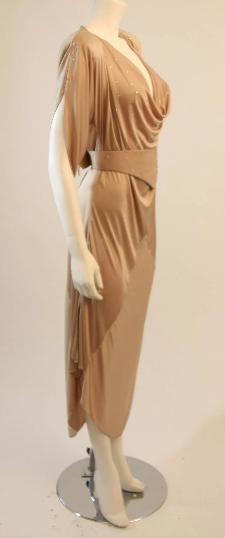 BIRGITTA Champagne Jersey Dress with Rhinestones and Belt