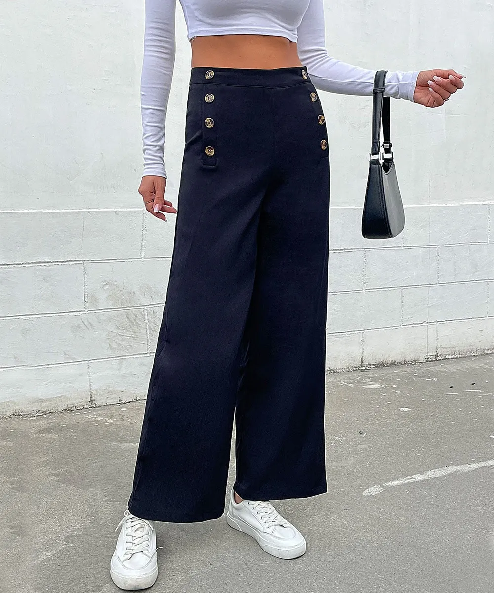 Black Double Button Wide Leg Pants